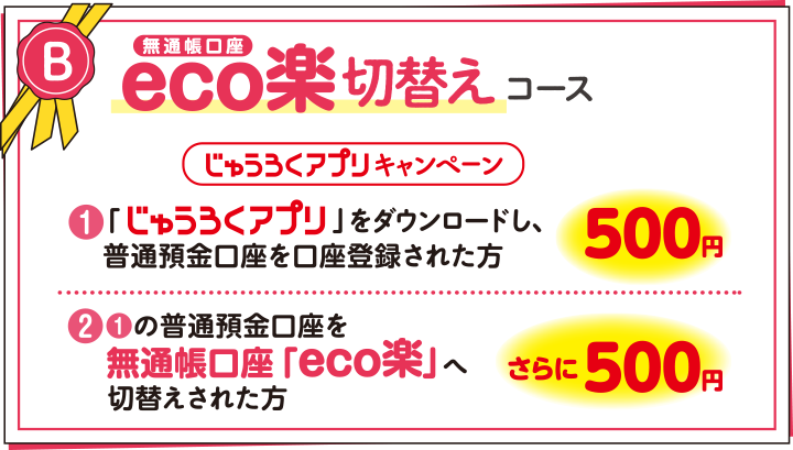 無通帳口座「eco楽」切替コース じゅうろくアプリキャンペーン ①「じゅうろくアプリ」をダウンロードし、普通預金口座を口座登録された方 500円 ②①の普通預金口座を無通帳口座「eco楽」へ切替えされた方 さらに500円