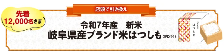 先着12，000名さま　店頭で引き換え　令和7年産　新米岐阜県産ブランド米はつしも（約2合）