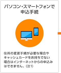 パソコン・スマートフォンで申込手続 住所の変更手続が必要な場合やキャッシュカードをお持ちでない場合はインターネットからの申込みはできません。（注1）