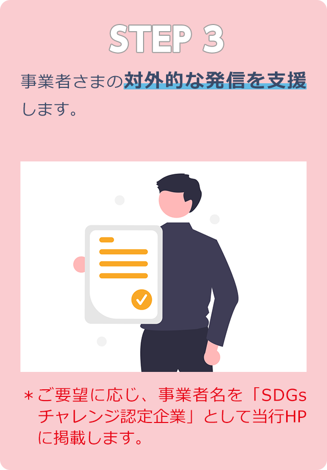 STEP3 事業者さまの対外的な発信を支援します。※ご要望に応じ、事業者名を「SDGsチャレンジ認定企業」として当行HPに掲載します。