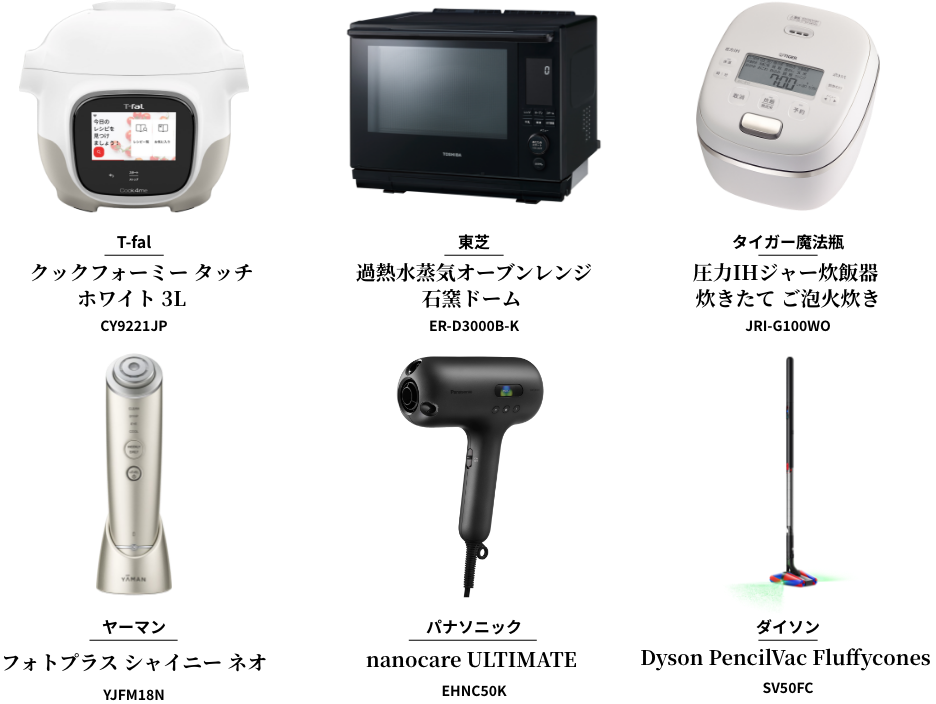 家電一覧の画像。T-fal クックフォーミータッチ ホワイト 3L(CY9221JP)、東芝 過熱水蒸気オーブンレンジ石窯ドーム(ER-D3000B-K)、タイガー魔法瓶 圧力IHジャー炊飯器 炊き立て ご泡火炊き(JRI-G100WO)、ヤーマン フォトプラス シャイニー ネオ、パナソニック