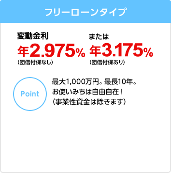 フリーローンタイプ 変動金利 年2.975%（団信付保なし）または年3.175%（団信付保あり）