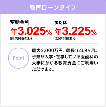 教育ローンタイプ 変動金利 年3.025%(団信付保なし)または年3.225%(団信付保あり)