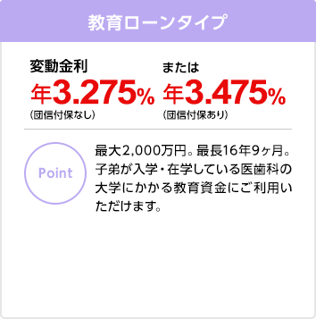 教育ローンタイプ 変動金利 年3.275%(団信付保なし)または年3.475%(団信付保あり)