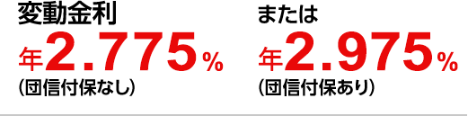 変動金利 年2.775％（団信付保なし）または2.975％（団信付保あり）