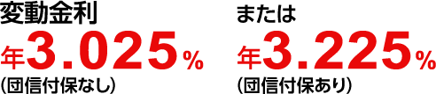 変動金利 年3.025%(団信付保なし)または3.225%(団信付保あり)
