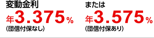 変動金利 年3.375％（団信付保なし）または3.575％（団信付保あり）