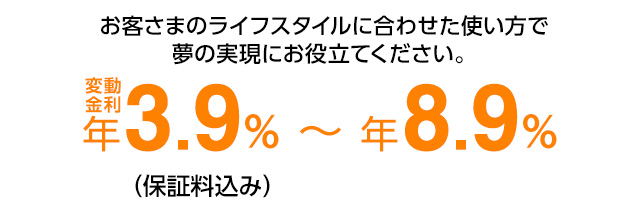 お客さまのライフスタイルに合わせた使い方で夢の実現にお役立てください。　変動金利年3.9%または年8.9%（保証料込み）