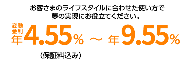 お客さまのライフスタイルに合わせた使い方で夢の実現にお役立てください。　変動金利年4.55%または年9.55%（保証料込み）