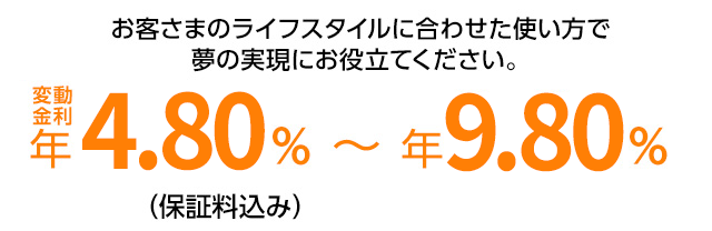 お客さまのライフスタイルに合わせた使い方で夢の実現にお役立てください。変動金利年4.80%～年9.80%（保証料込み）