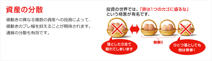 資産の分散 値動きの異なる複数の資産への投資によって、値動きのブレ幅を抑えることが期待されます。通貨の分散も有効です。